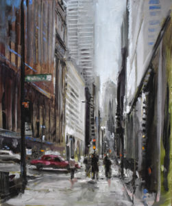 Unfocused painting of people on the street surrounded by dark buildings