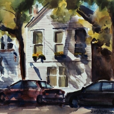 Painting of house with cars in front