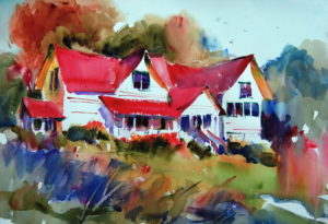 Painting of house in a yard, unfocused background
