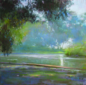 Painting of a lake surrounded by trees