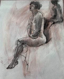 Pencil drawing of woman sitting down facing the side