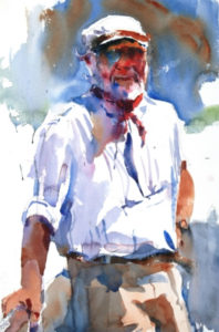 Painting of man from the knees up leaning his hand on a railing unfocused background
