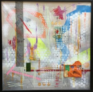 Painting of a collage of varying materials in a square frame